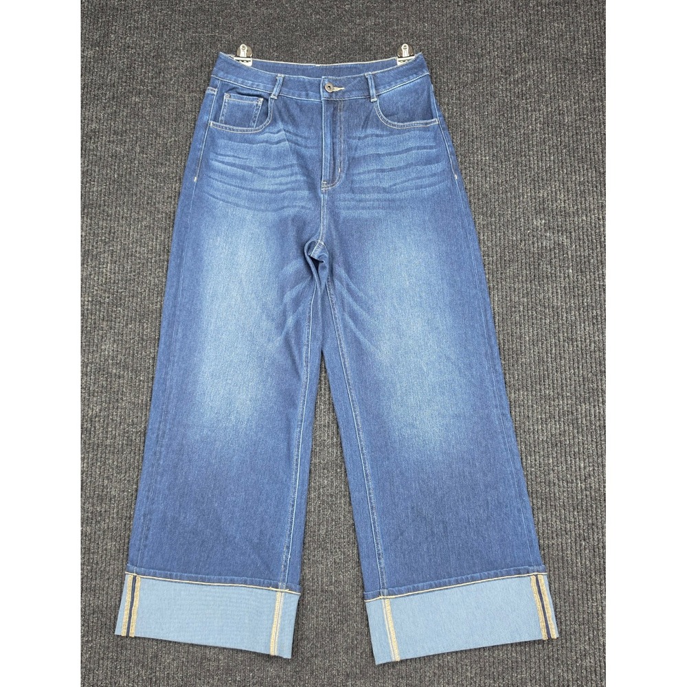 Halara Wide Leg Cuffed Jeans Medium Wash High Rise Size M Regular QPKCH